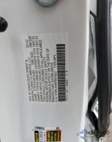 2023 Honda Odyssey Touring из США, поврежденный, VIN 5FNRL6H89PB016527